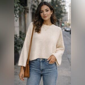 Ellison Cream Ribbed Knit Sweater Top Boxy Minimalist Soft Stretch Size M Ivory